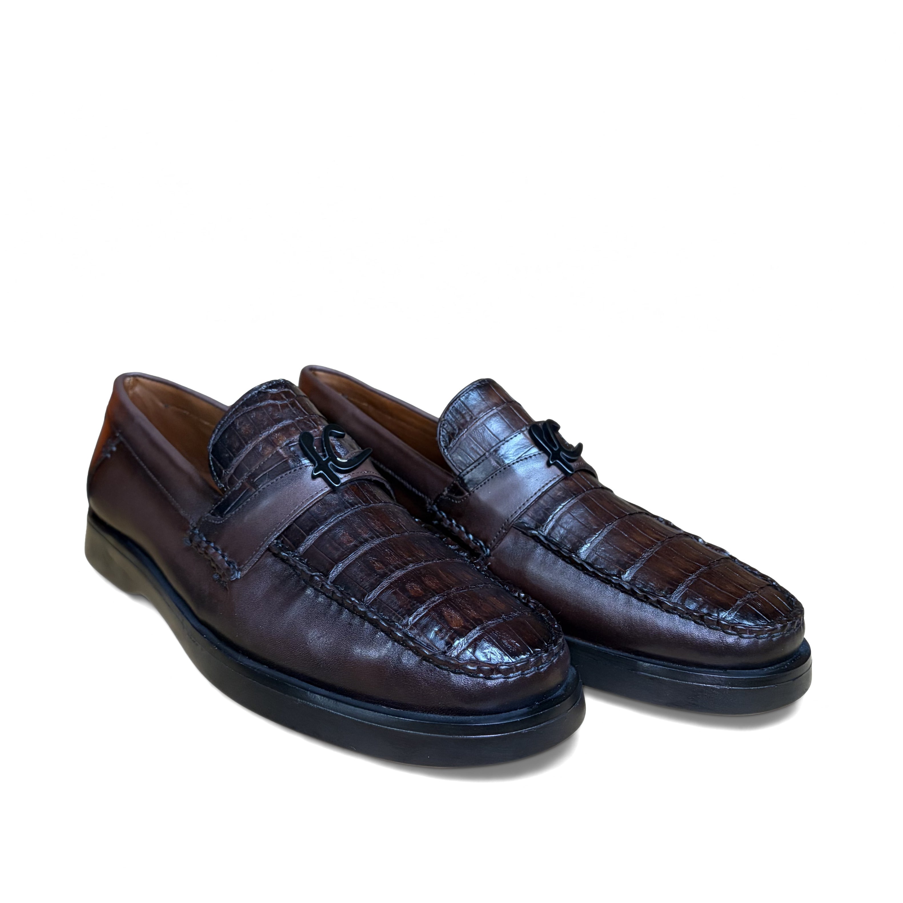 Pair of Cuadra Men’s Brown Caiman Slip-On Round Toe Loafers in brown leather