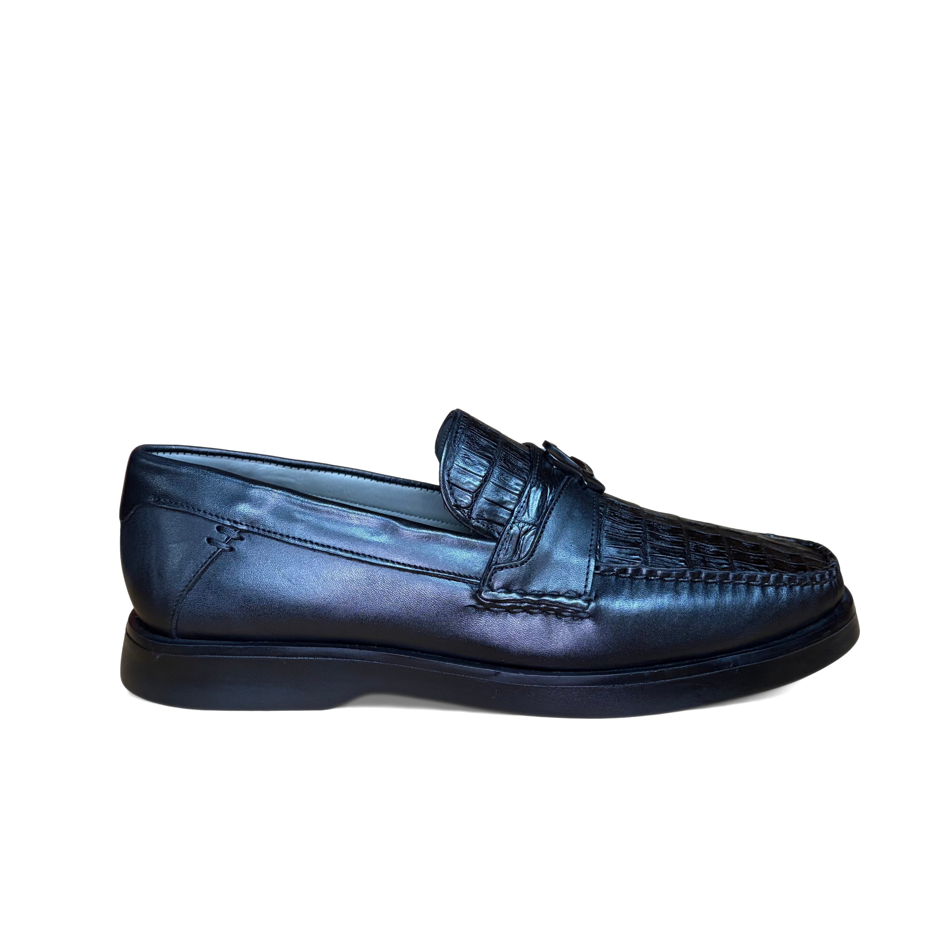 Cuadra Men’s Black Caiman Slip-On Round Toe Loafer opposite side view in black leather