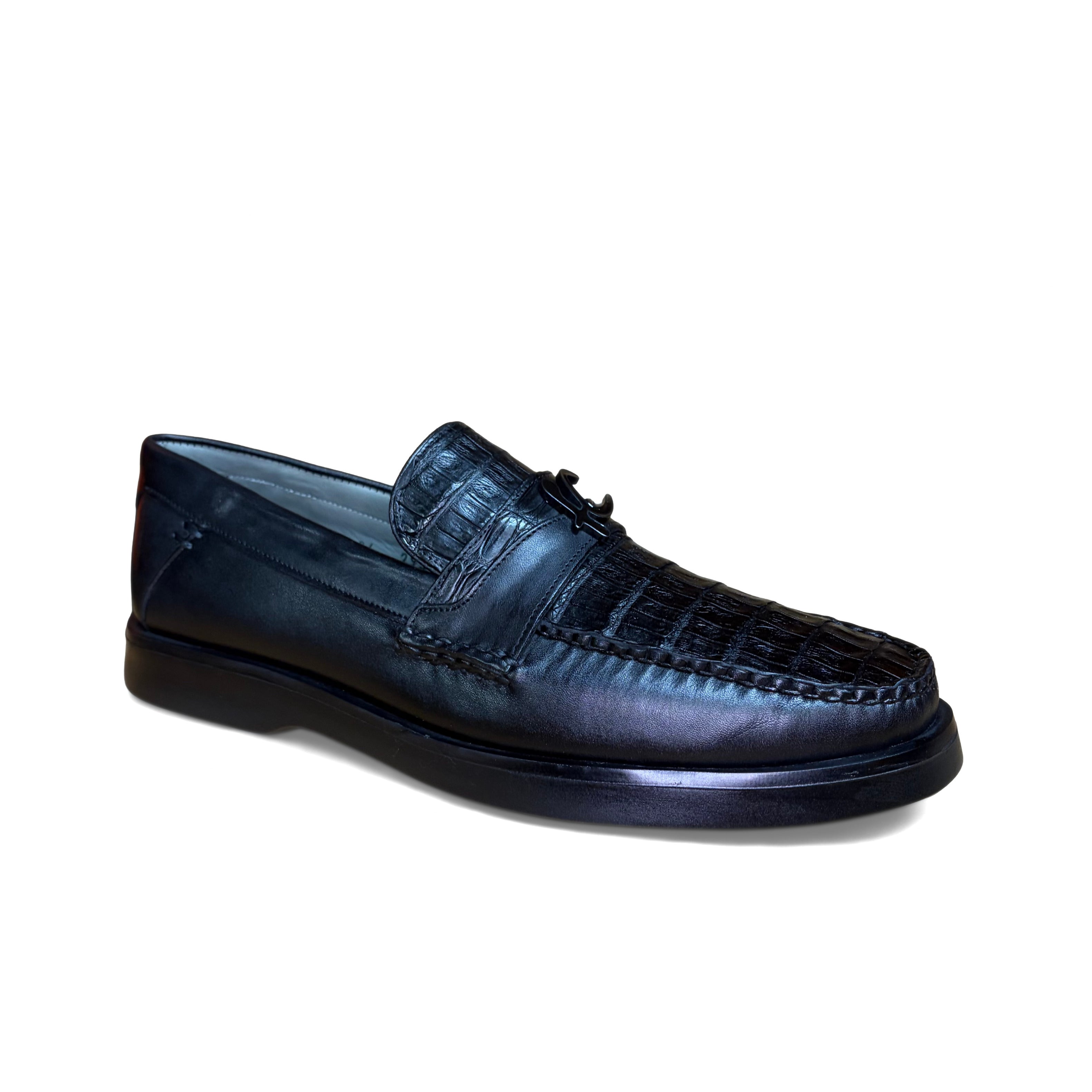 Cuadra Men’s Black Caiman Slip-On Round Toe Loafer angled side view in black leather