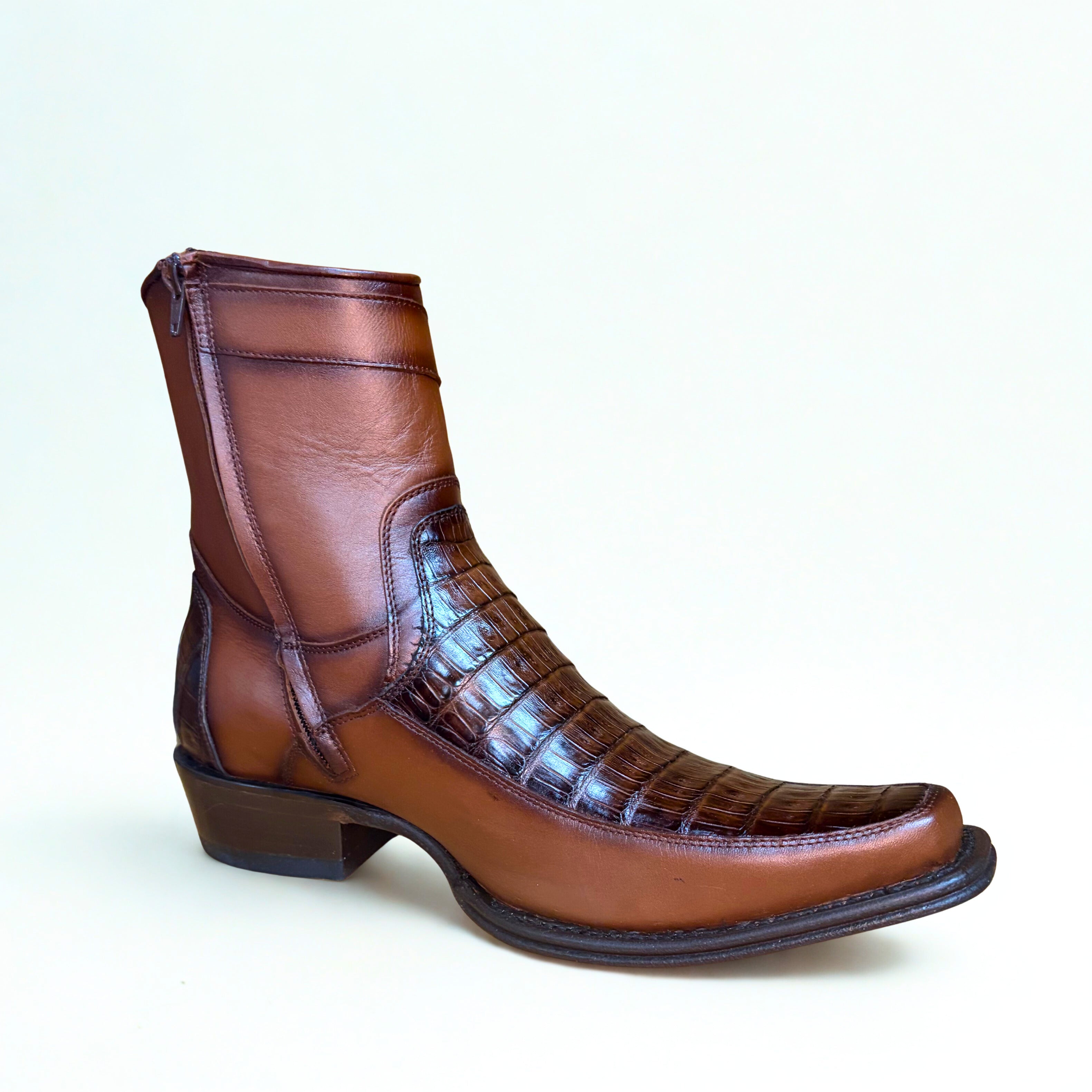 Caiman Belly Faded Brown Narrow Square Toe Boot