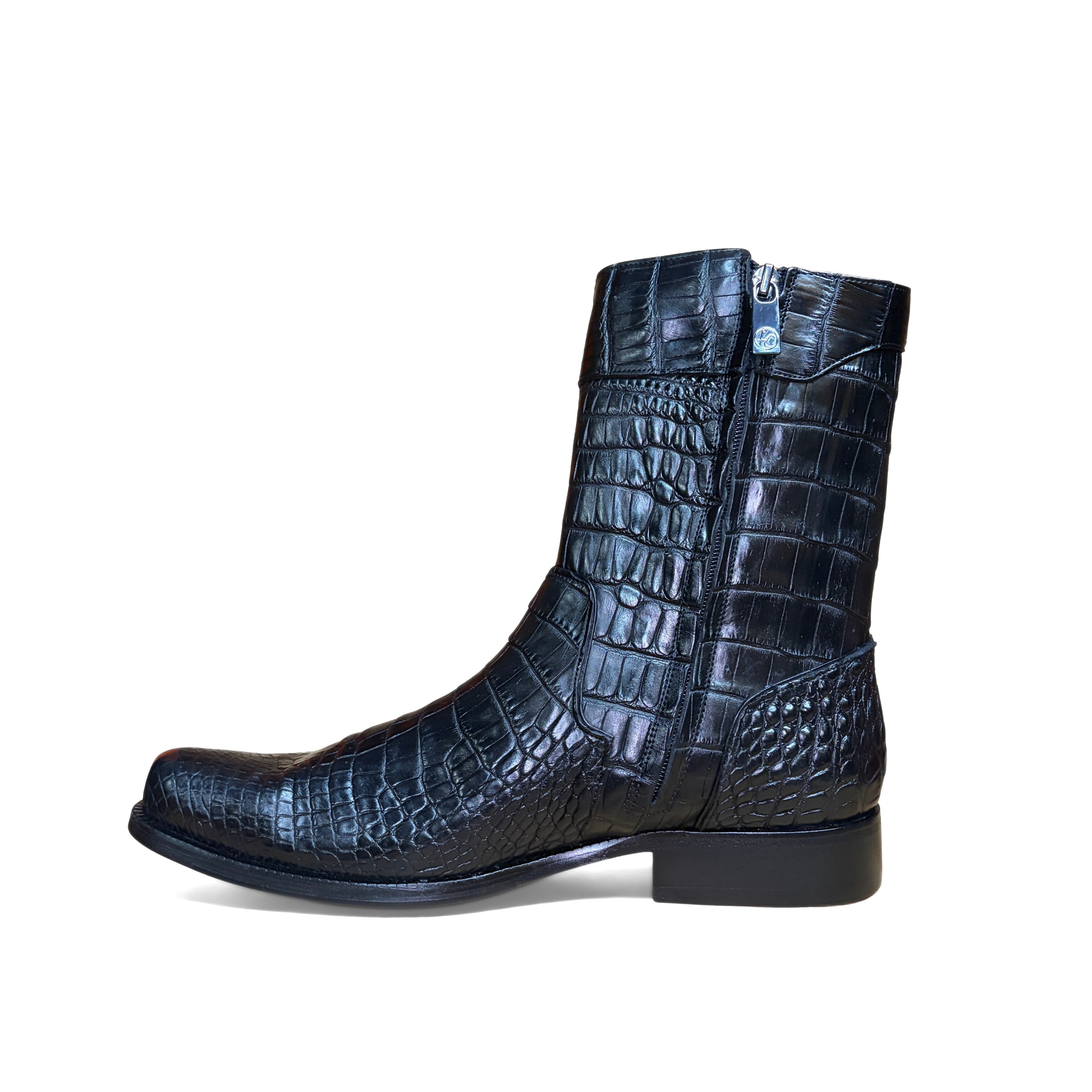 Cuadra Men’s Black Alligator Zipper Round Toe Boot side view in black exotic leather