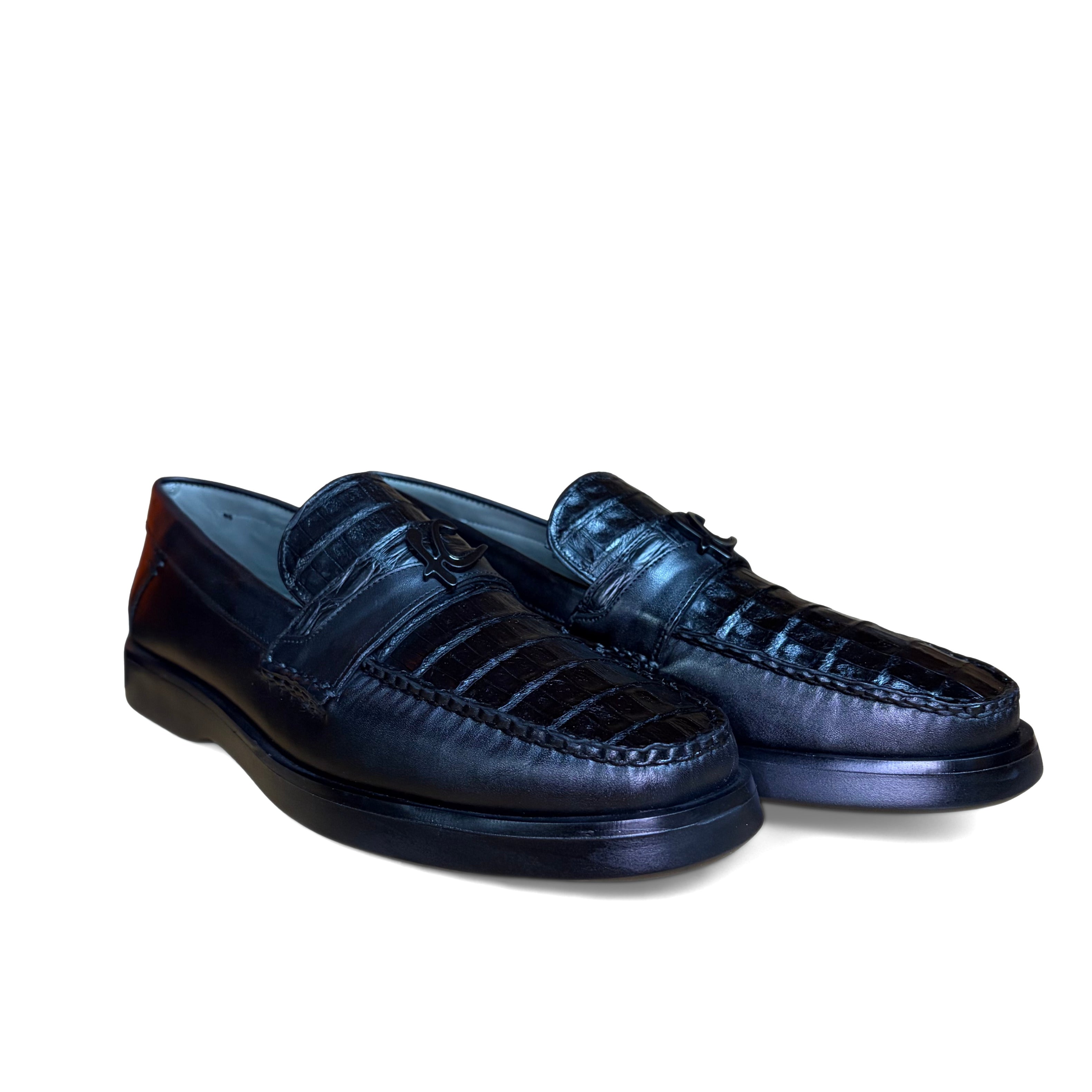 Pair of Cuadra Men’s Black Caiman Slip-On Round Toe Loafers in black leather