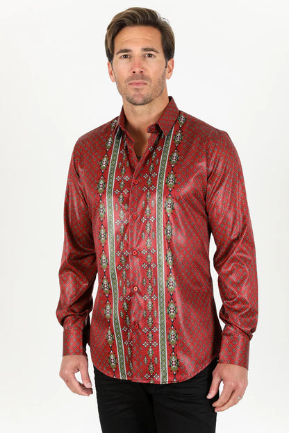 Mens Modern Fit Stretch Aztec Foiled Shirt - Red