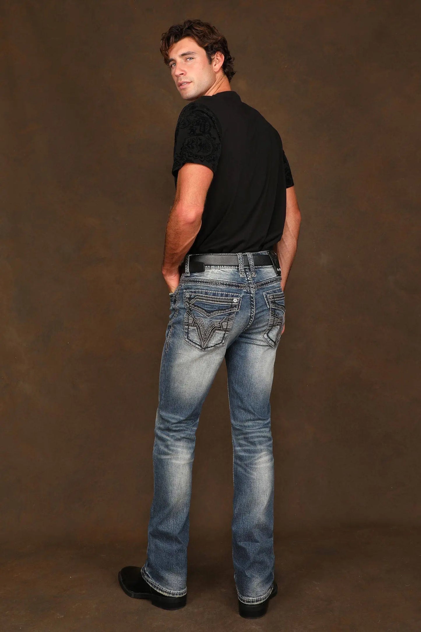 AM-2233 Men’s Western Embroidered Straight Jeans