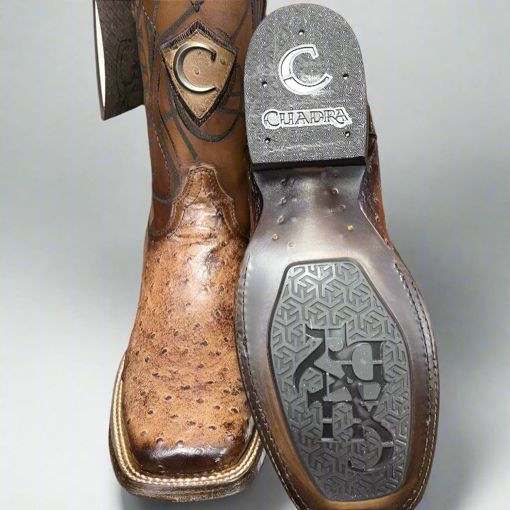 Bota de punta cuadrada bordada con avestruz marrón de Lugan