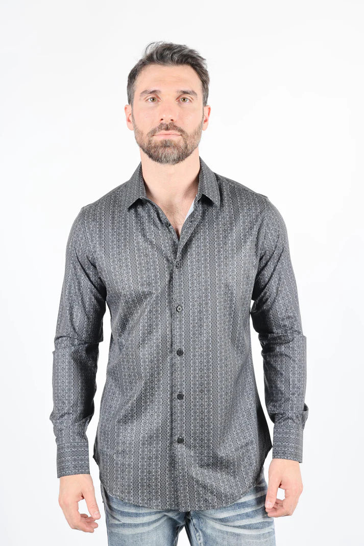 Mens Modern Fit Stretch Foiled Black Long Sleeve Shirt