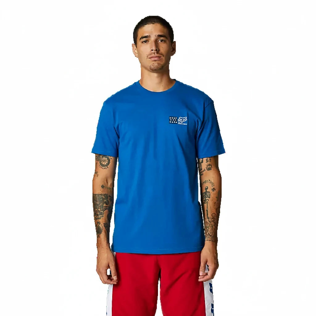 Fox American Dream Premium Tee front view on model in blue
