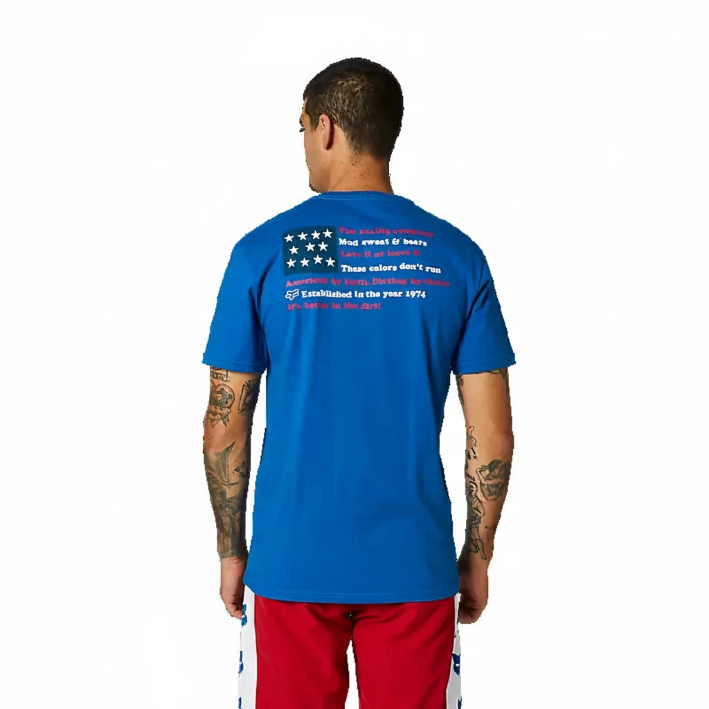 Fox American Dream Premium Tee back view on model in blue with graphic text print