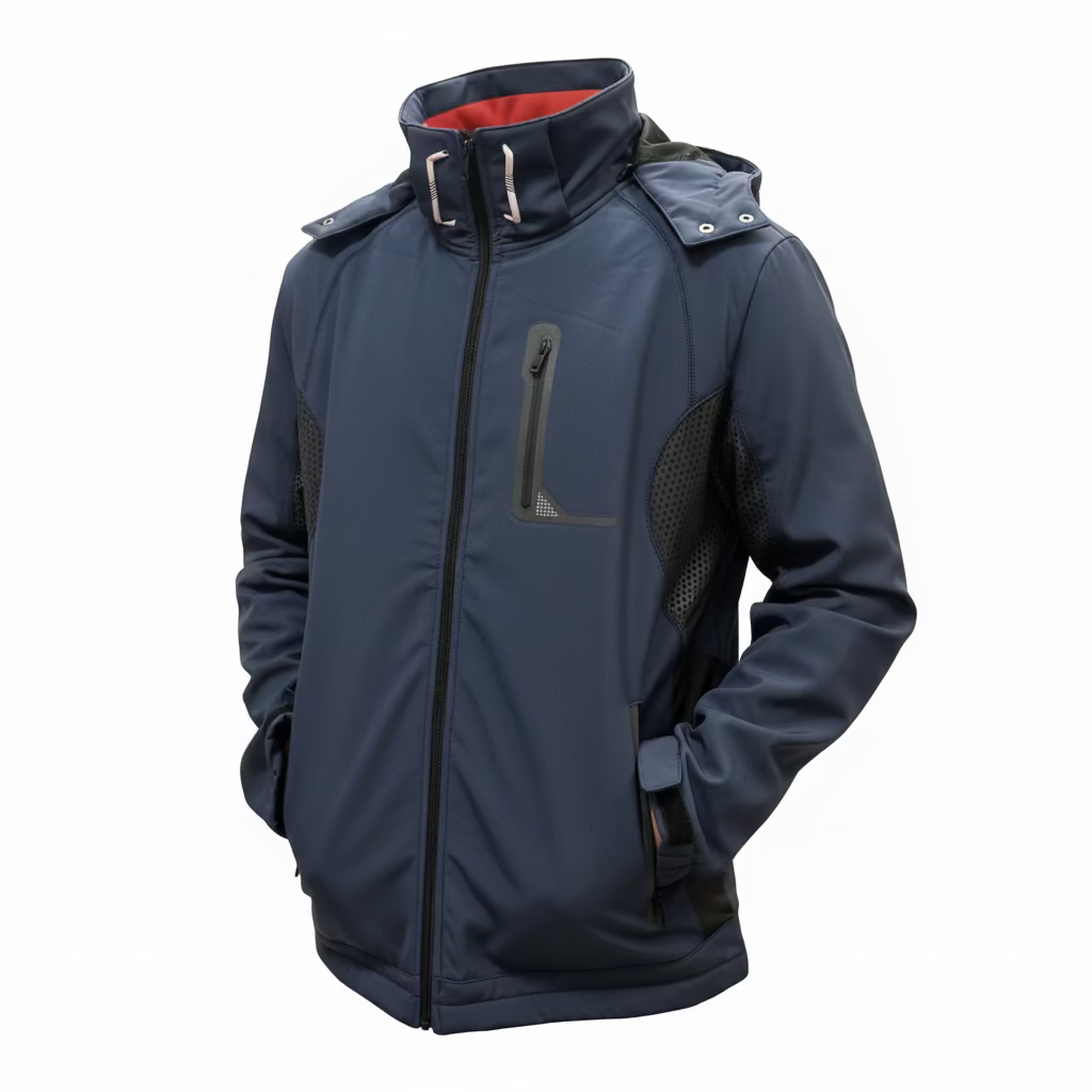 Platini Men’s Navy Jacket front view with hood and zip closure