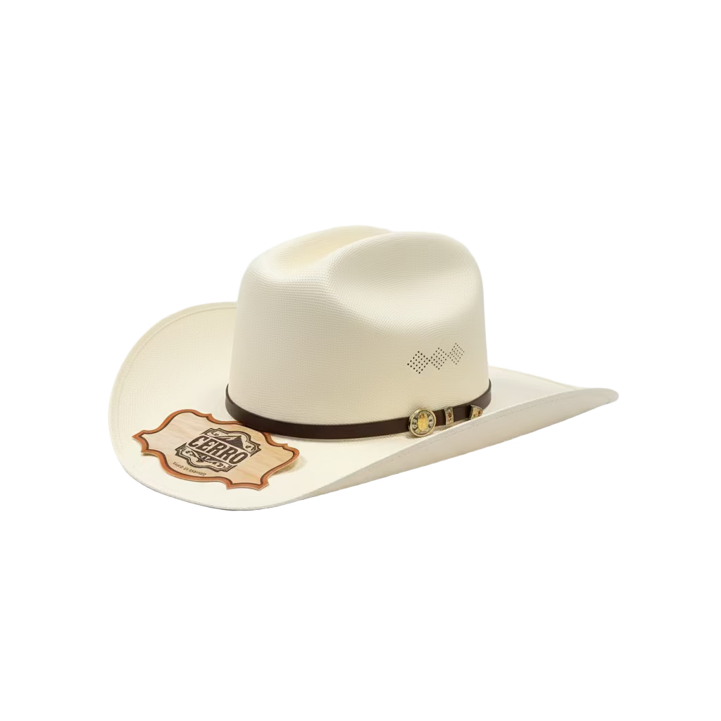 Cerro 1000X Virgen Maria Brown Hat Band Hat front angled view in beige with decorative hatband