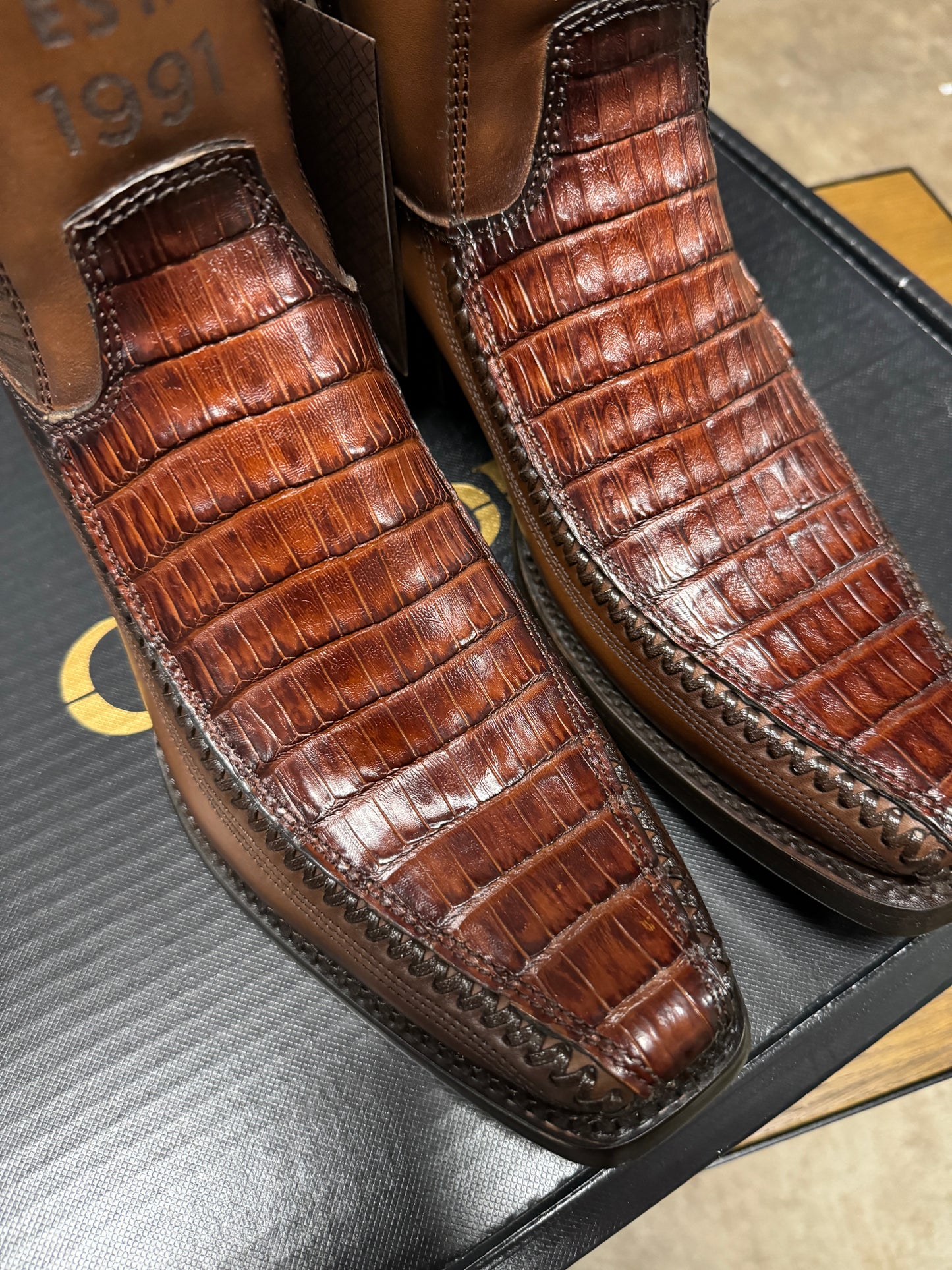 Cuadra CU698 MN Brown Caiman Laser & Woven Narrow Square Toe