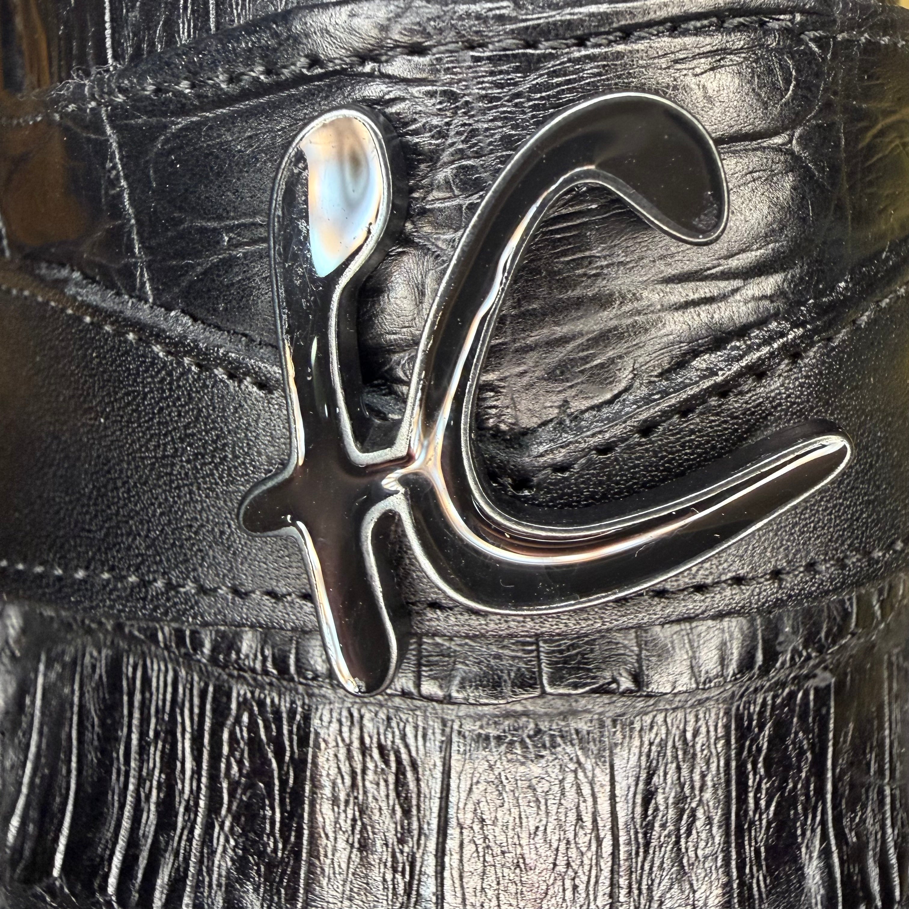 Close-up of caiman leather texture on Cuadra Men’s Black Caiman Slip-On Round Toe Loafer