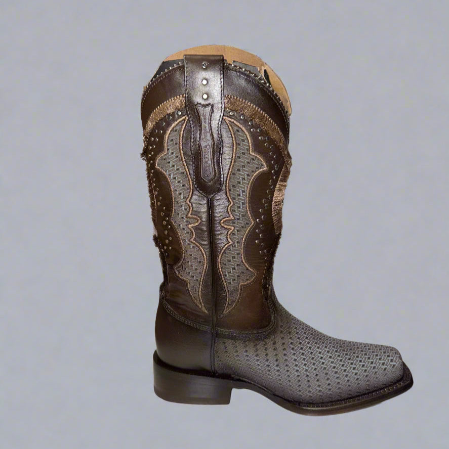 Oxford & Brown Laser & Embroidery & Studs Square Toe Boot