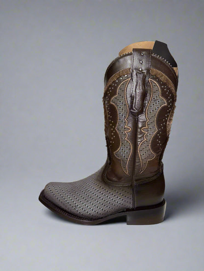 Oxford & Brown Laser & Embroidery & Studs Square Toe