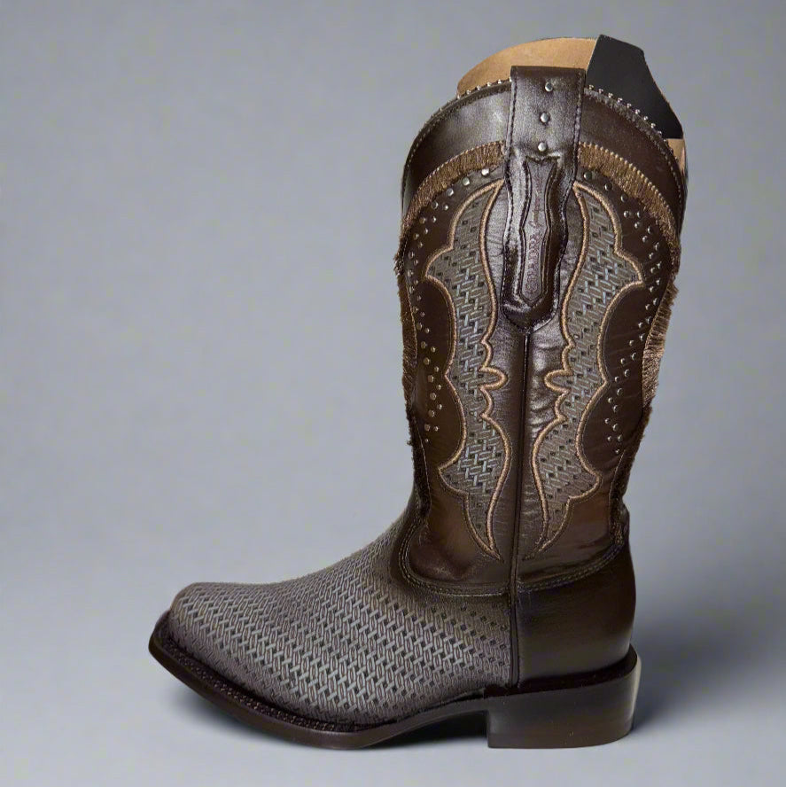 Oxford & Brown Laser & Embroidery & Studs Square Toe Boot
