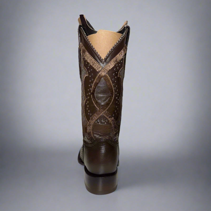 Oxford & Brown Laser & Embroidery & Studs Square Toe Boot