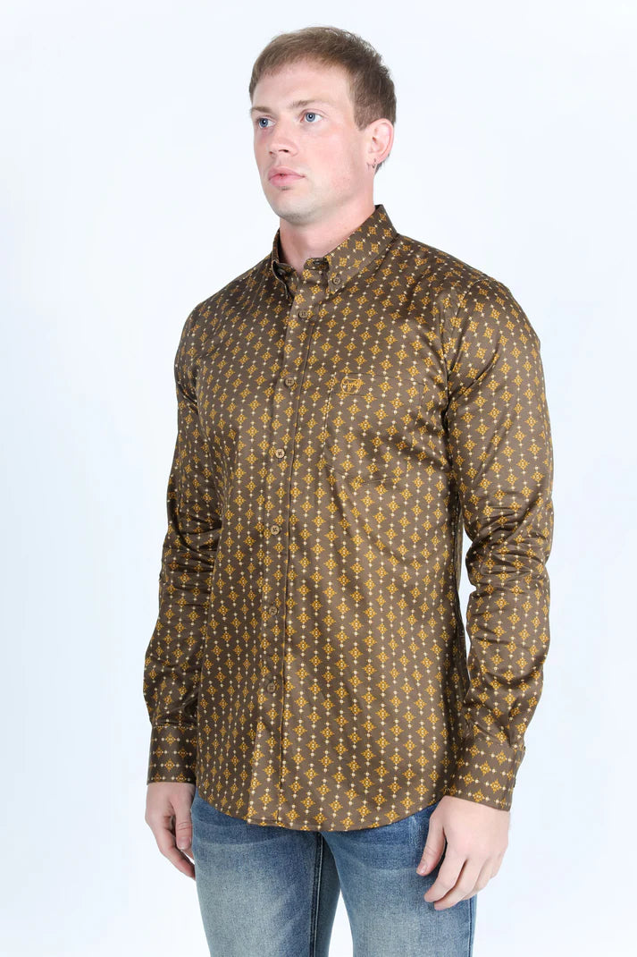 Camisa de manga larga de satén de algodón/spandex con corte moderno