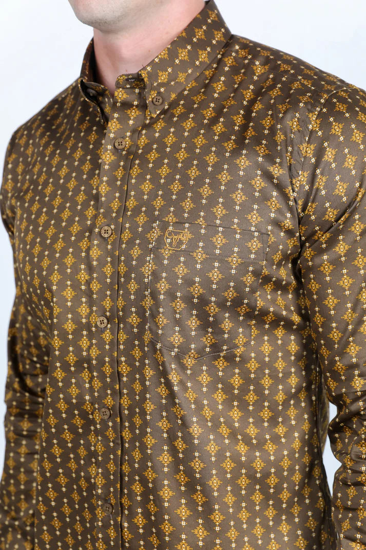 Camisa de manga larga de satén de algodón/spandex con corte moderno