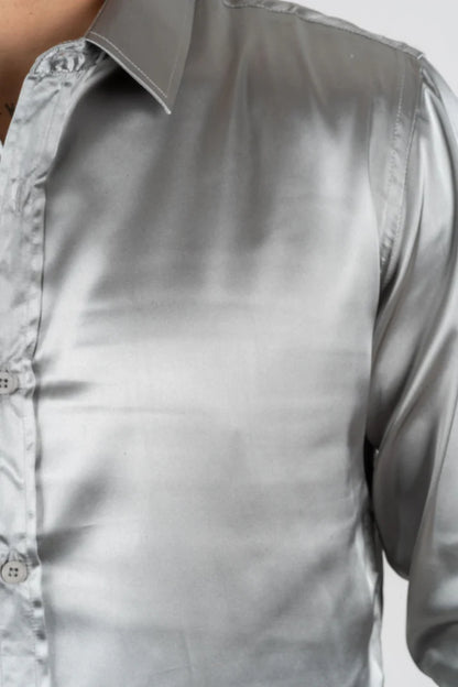 Men's Satin Silver Dress Shirt