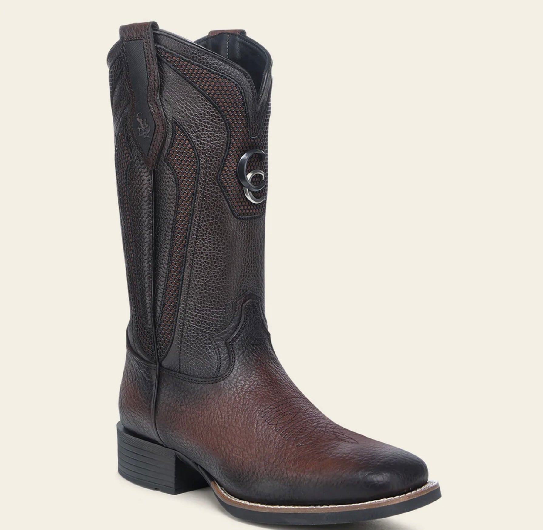 Bota de punta cuadrada con bordado de bisonte americano