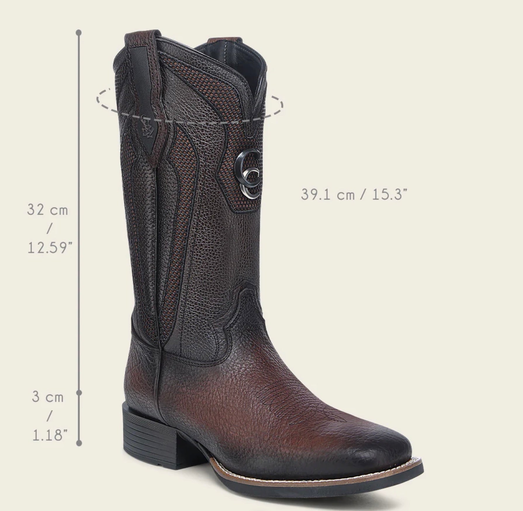 Bota de punta cuadrada con bordado de bisonte americano