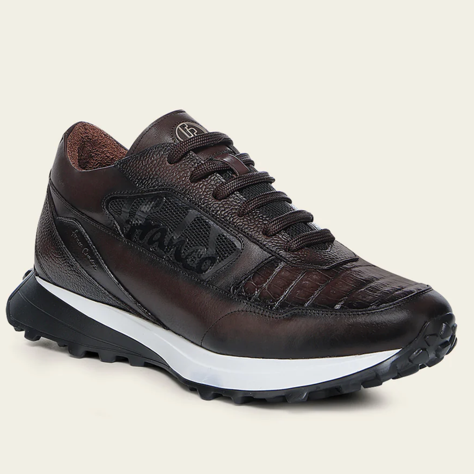 Cuadra Genuine Cayman Leather Sneakers angled side view in dark brown leather