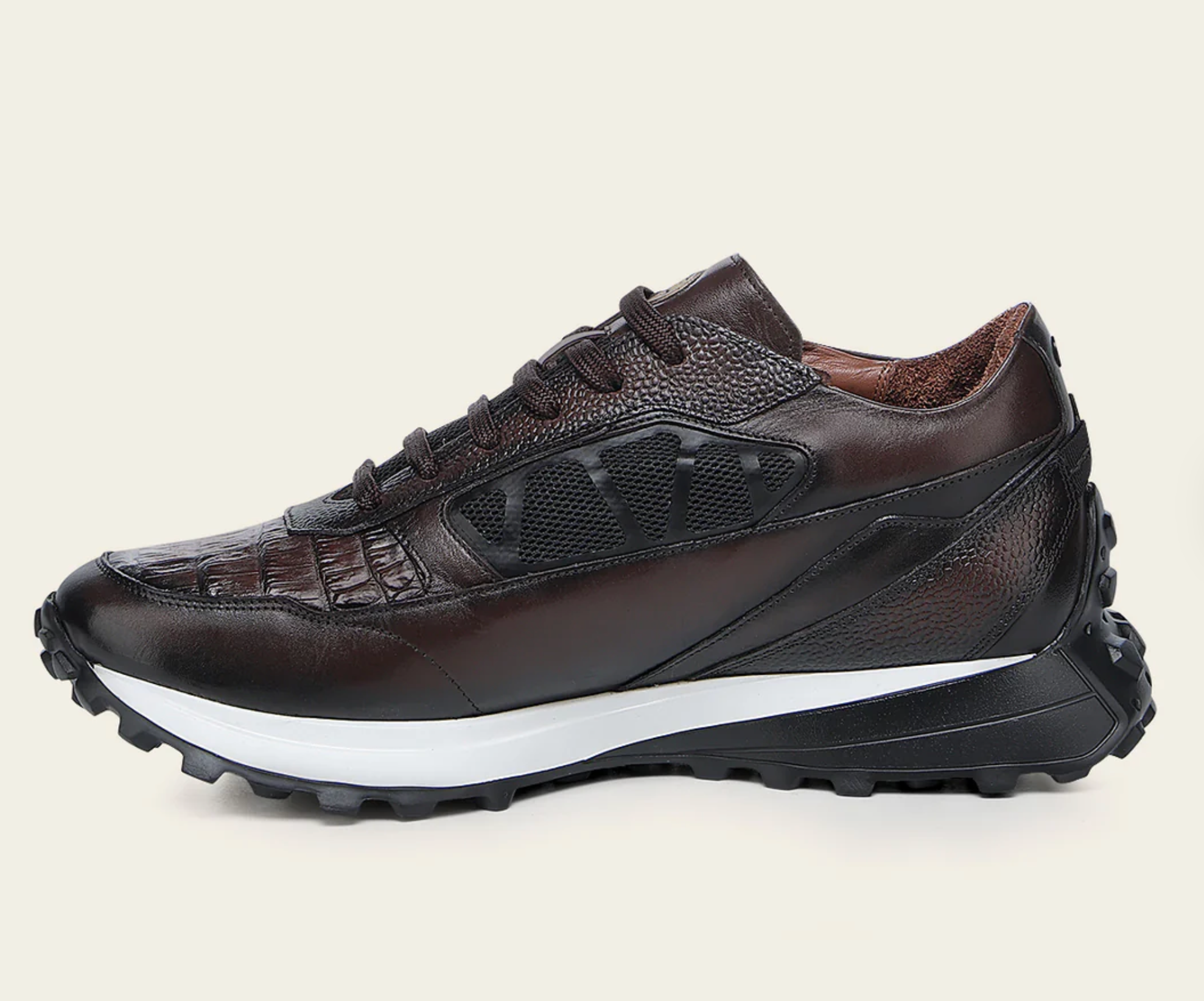 Cuadra Genuine Cayman Leather Sneakers side view in dark brown leather