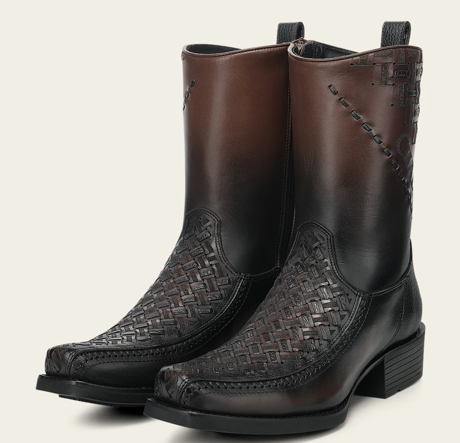 Men's Chocolate Laser & Woven & Zipper Narrow Square Toe Boot