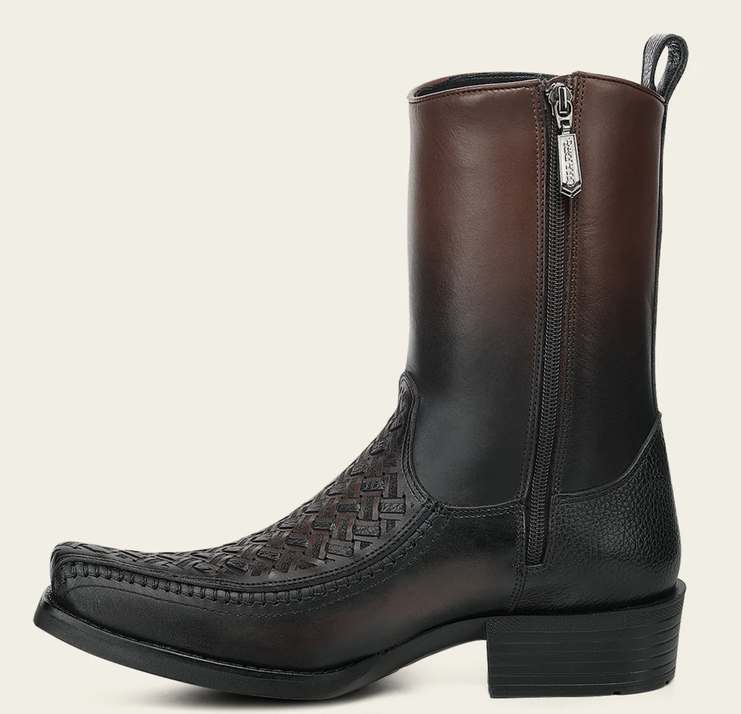 Men's Chocolate Laser & Woven & Zipper Narrow Square Toe Boot