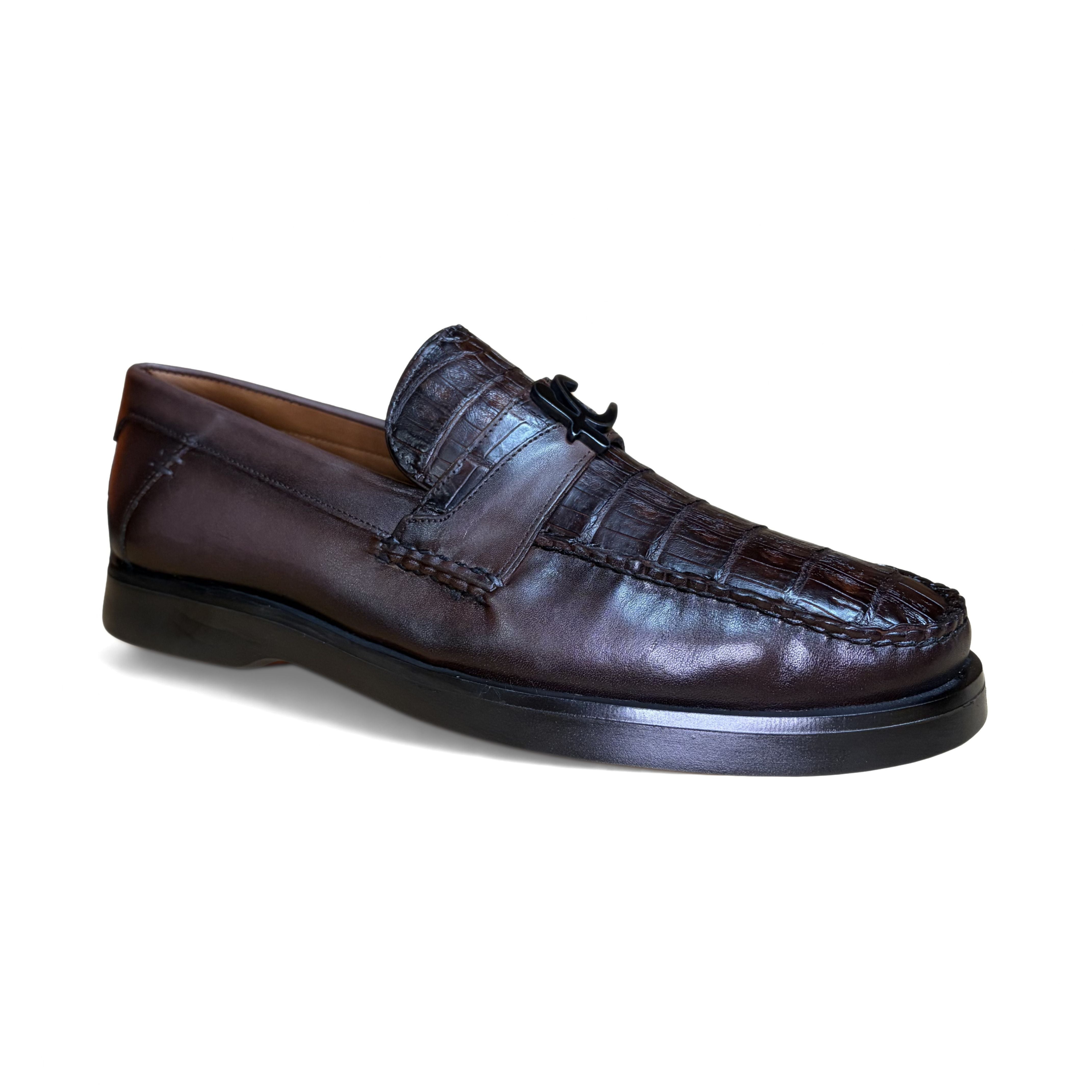Cuadra Men’s Brown Caiman Slip-On Round Toe Loafer angled side view in brown leather