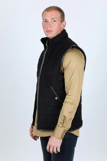 Men's Fur Lined Quilted Faux Suede Vest - Black