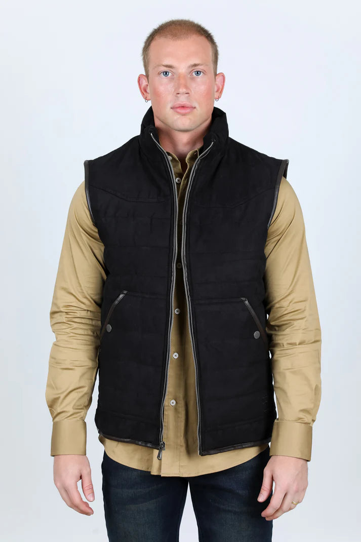 Men's Fur Lined Quilted Faux Suede Vest - Black