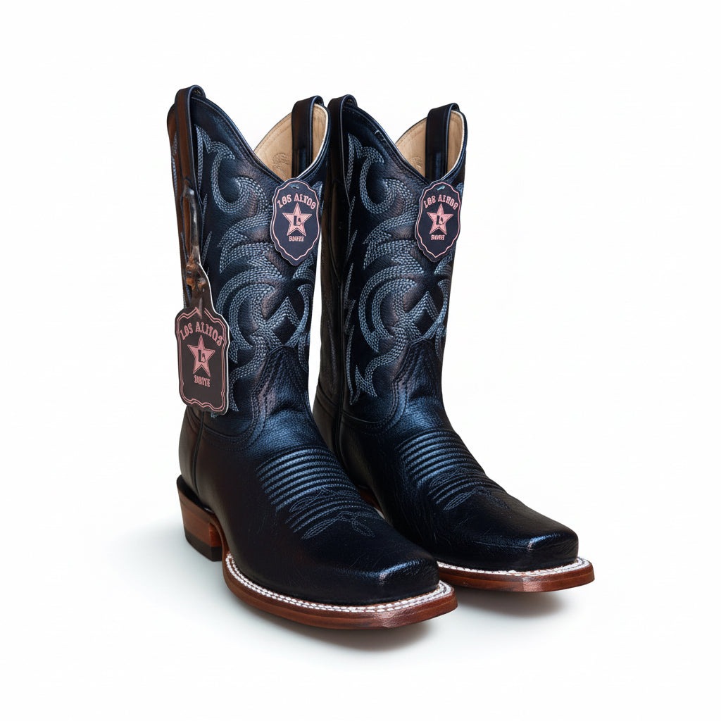 Bota Rodeo de avestruz lisa con punta cuadrada negra