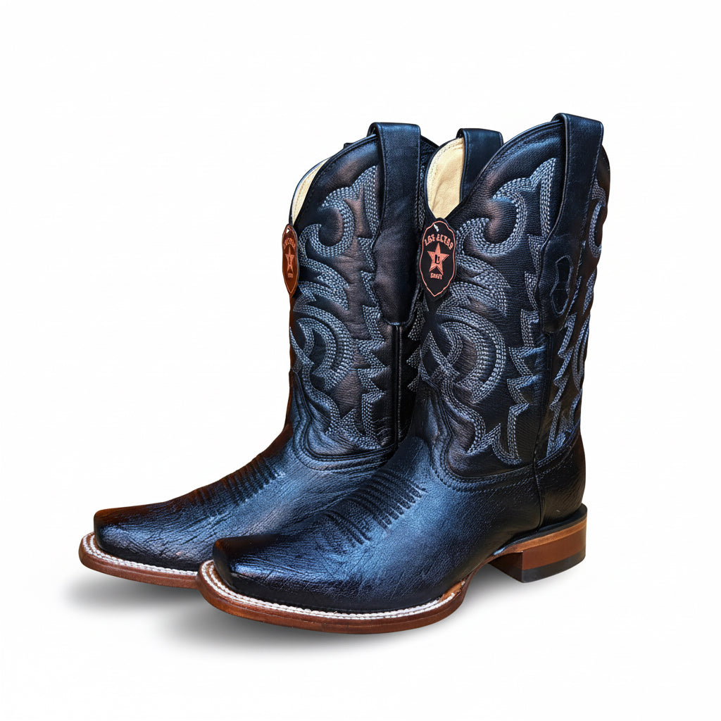 Bota Rodeo de avestruz lisa con punta cuadrada negra