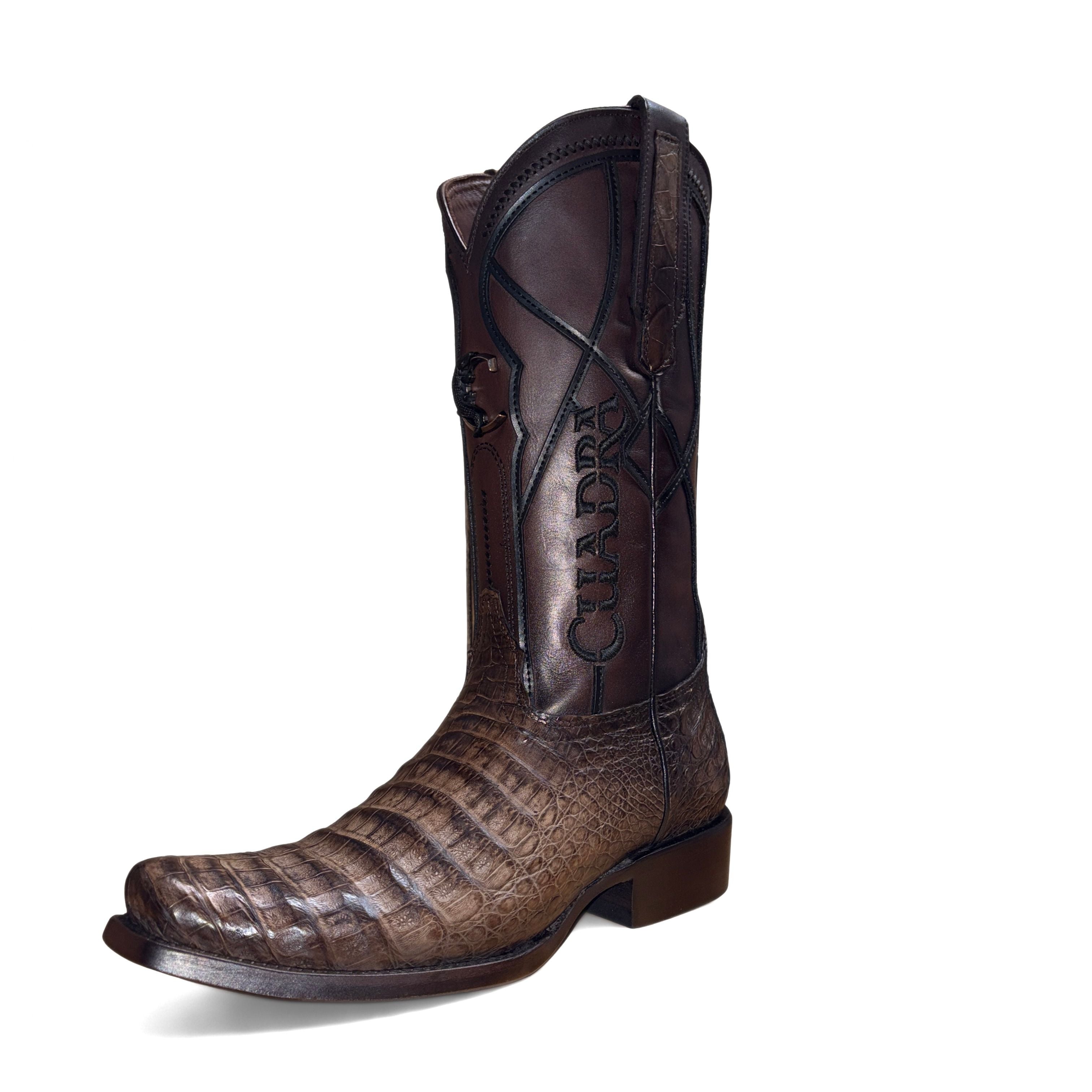 Cuadra Men’s Brown Caiman Embroidery and Woven Narrow Square Toe Boot angled view in brown leather