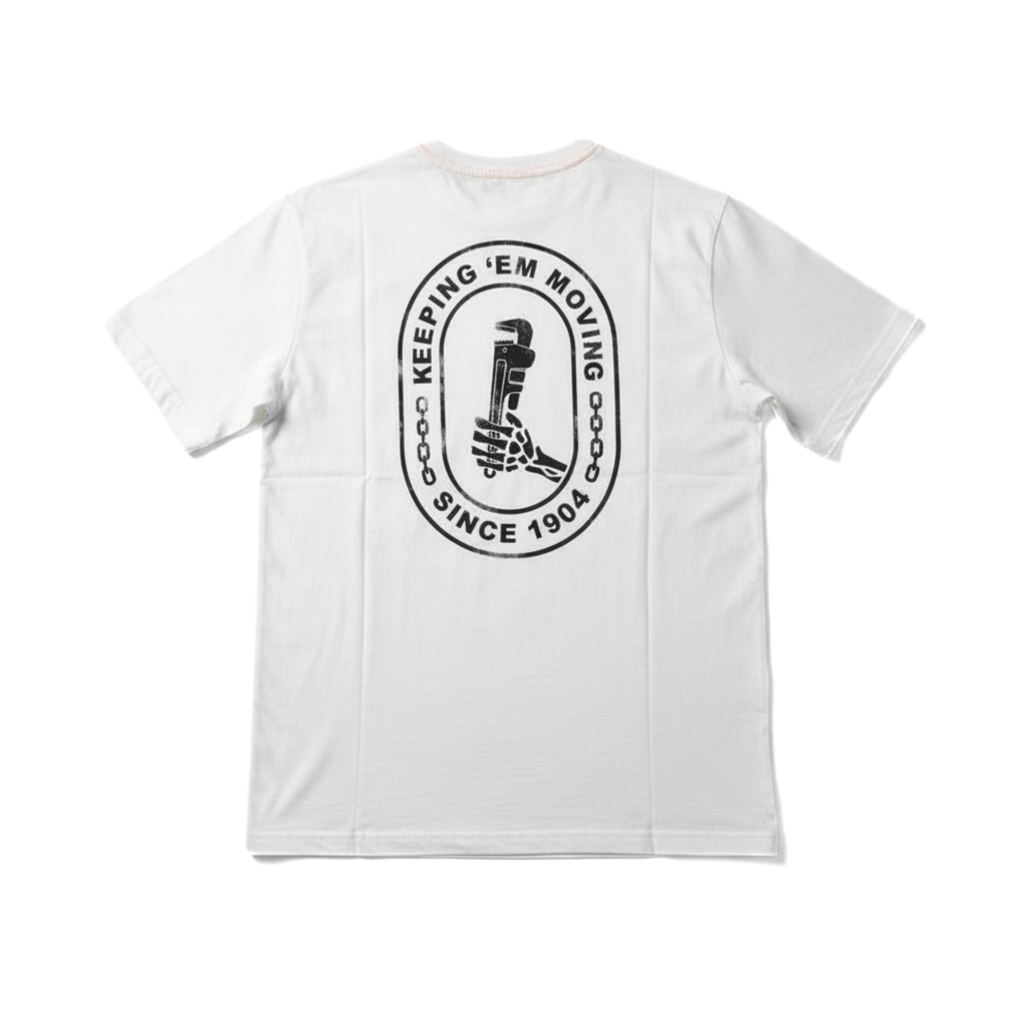 CAT Basic Graphic Wrench Vanilla Tee frobackt view in white with large graphic print