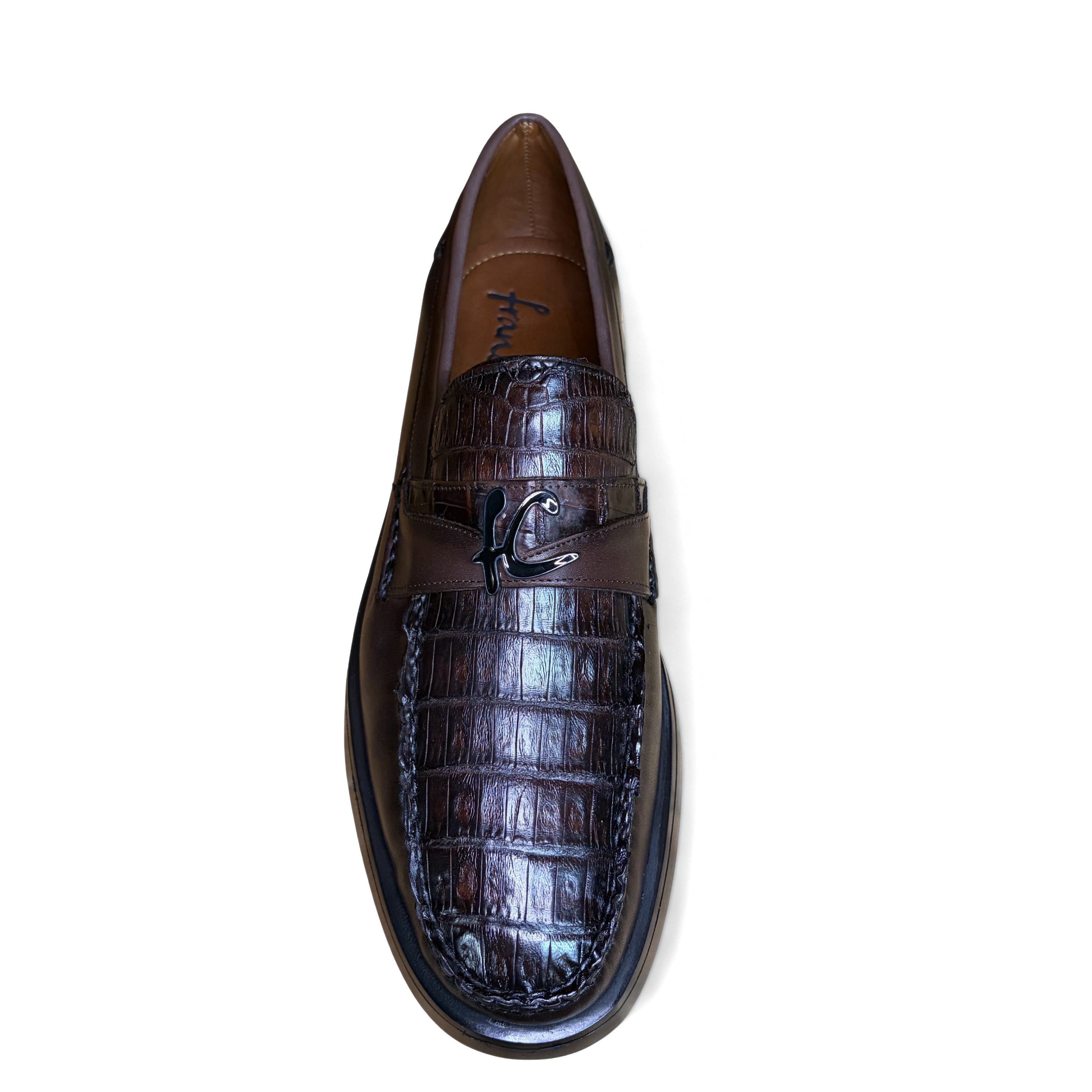 Top view of Cuadra Men’s Brown Caiman Slip-On Round Toe Loafer showing vamp detail