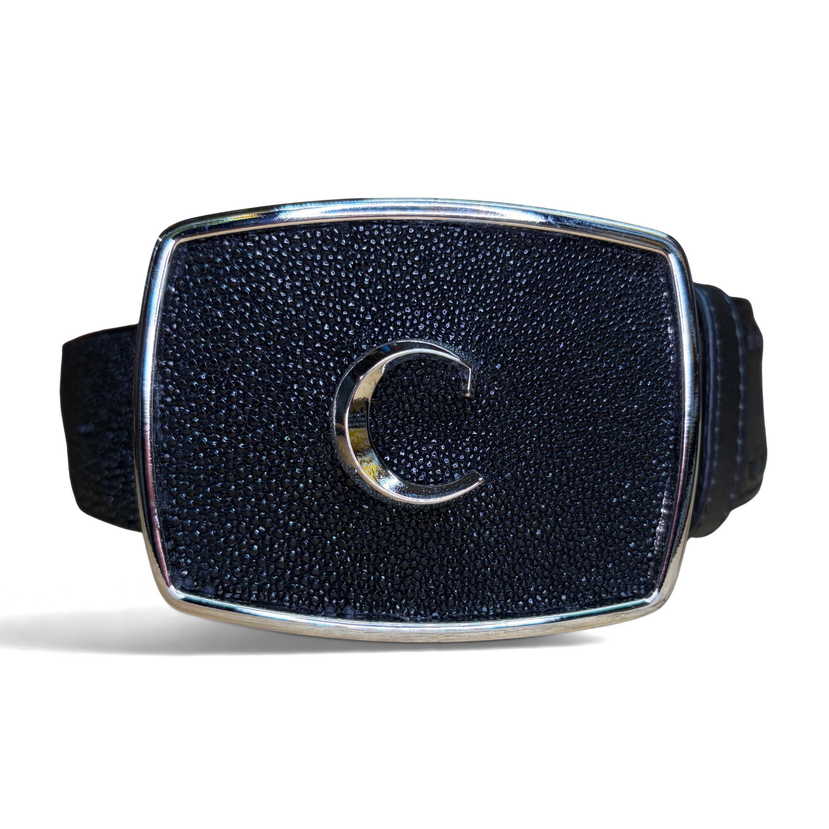 Cuadra Men’s Black Stingray Lazer and Woven Belt front view in black exotic leather with buckle