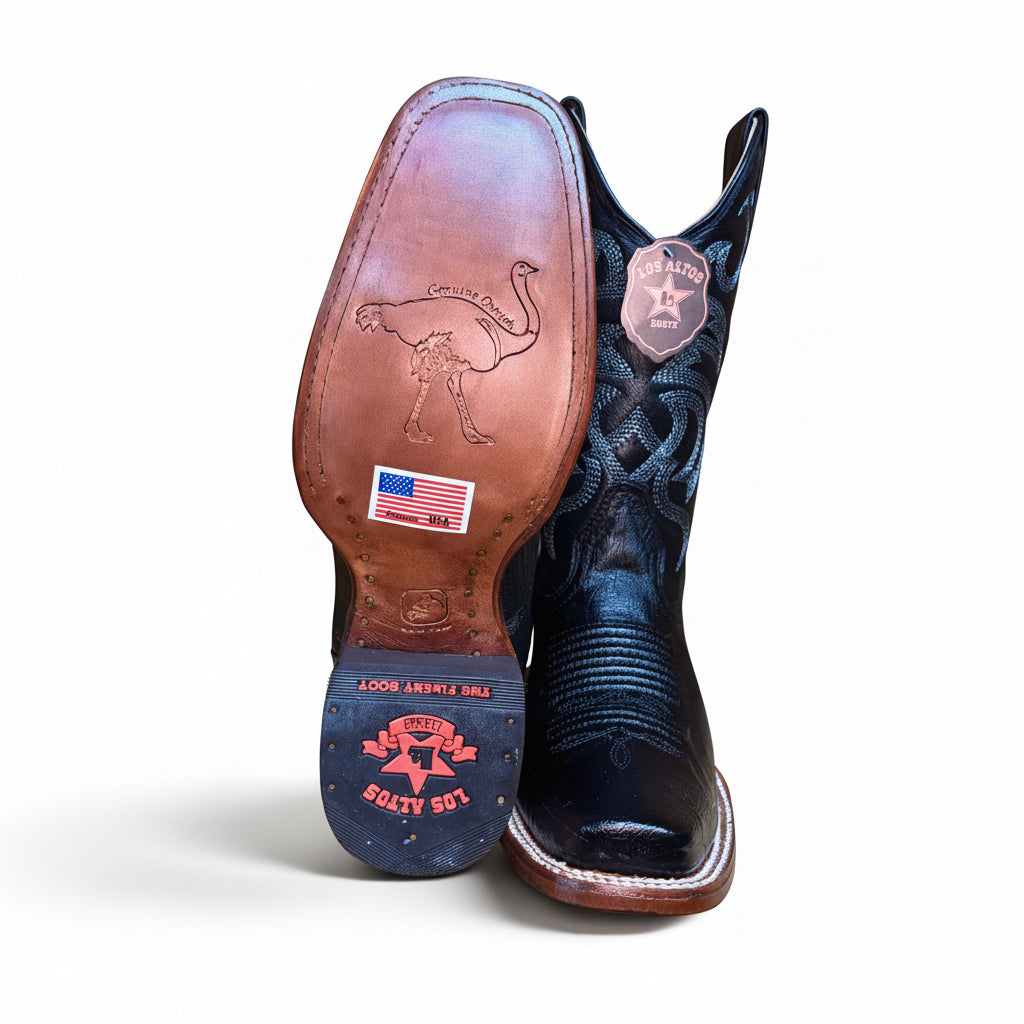 Bota Rodeo de avestruz lisa con punta cuadrada negra