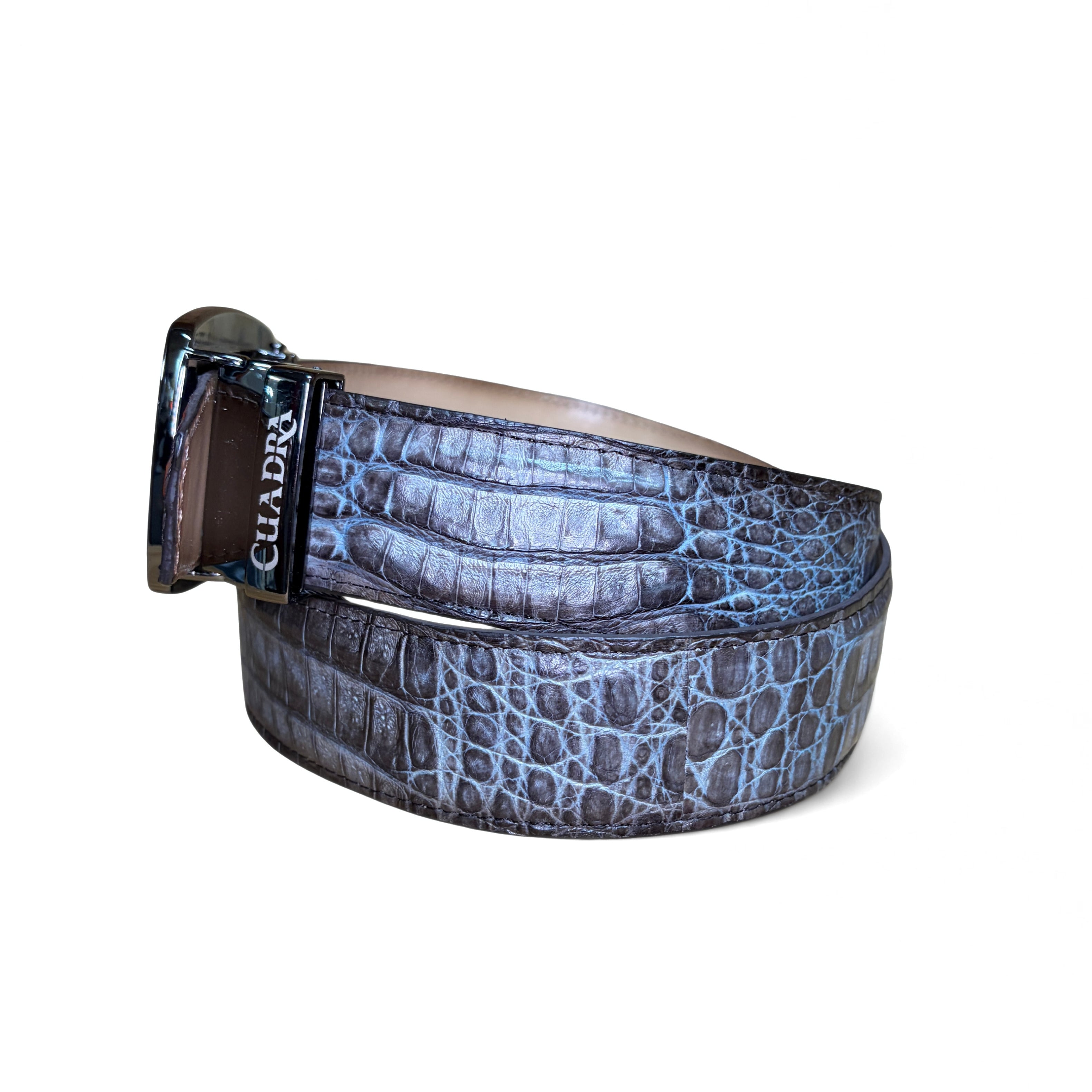 Cuadra Men’s Grey Caiman Stitching Belt side view showing strap and buckle detail