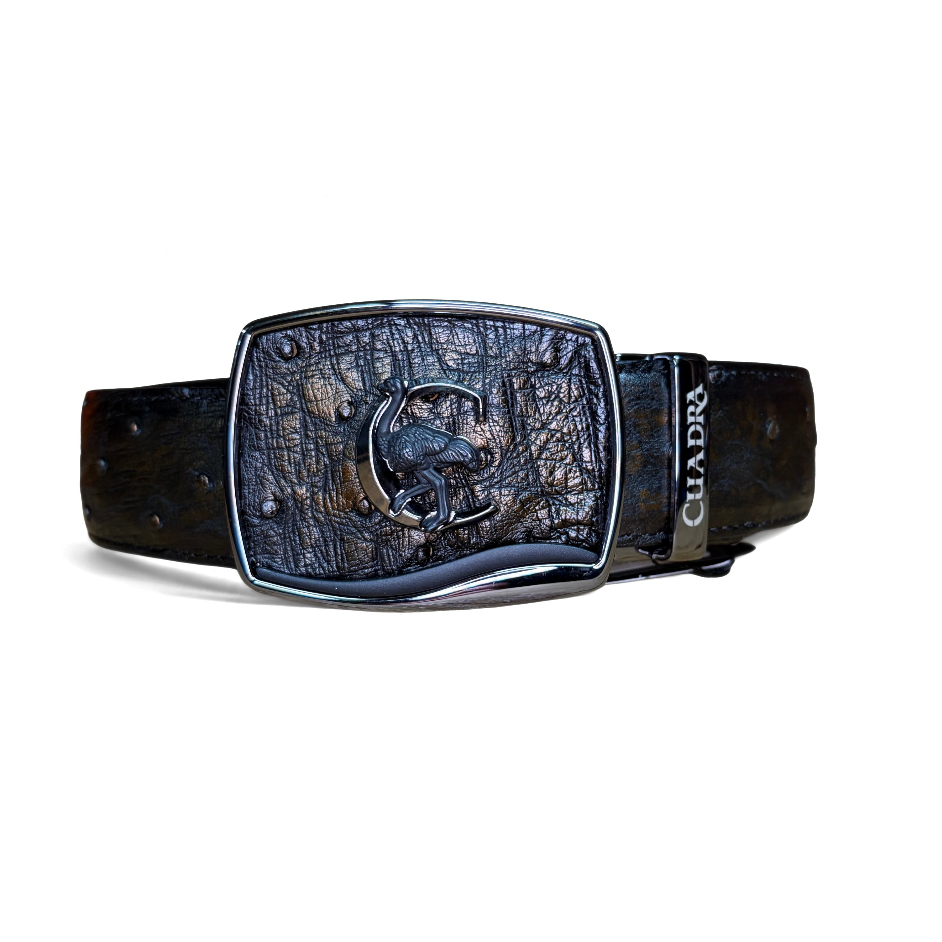 Cuadra Men’s Orix Ostrich Stitching Belt front view with buckle and exotic leather detail