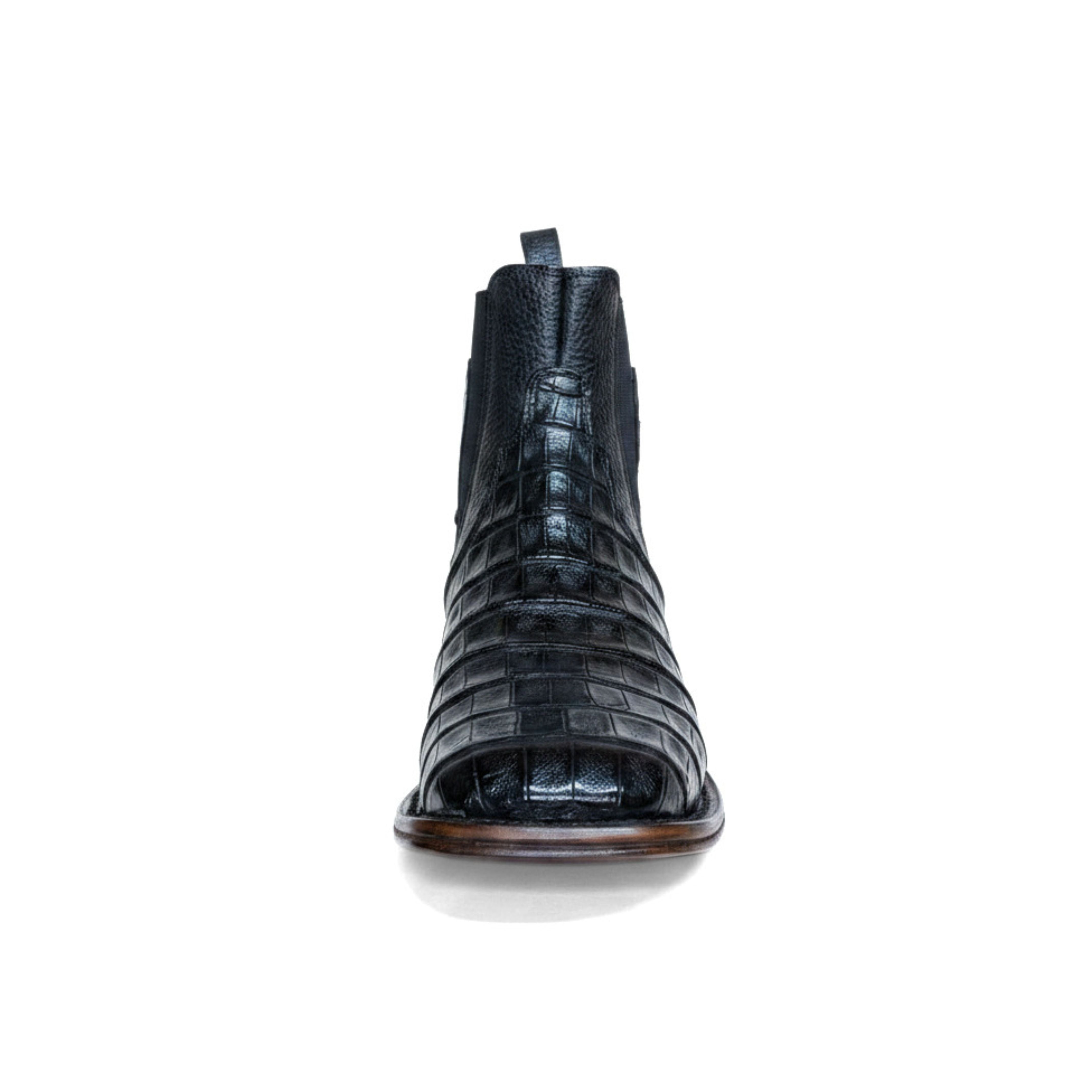 Vestigium Black Caiman Belly Boot front view showing toe shape