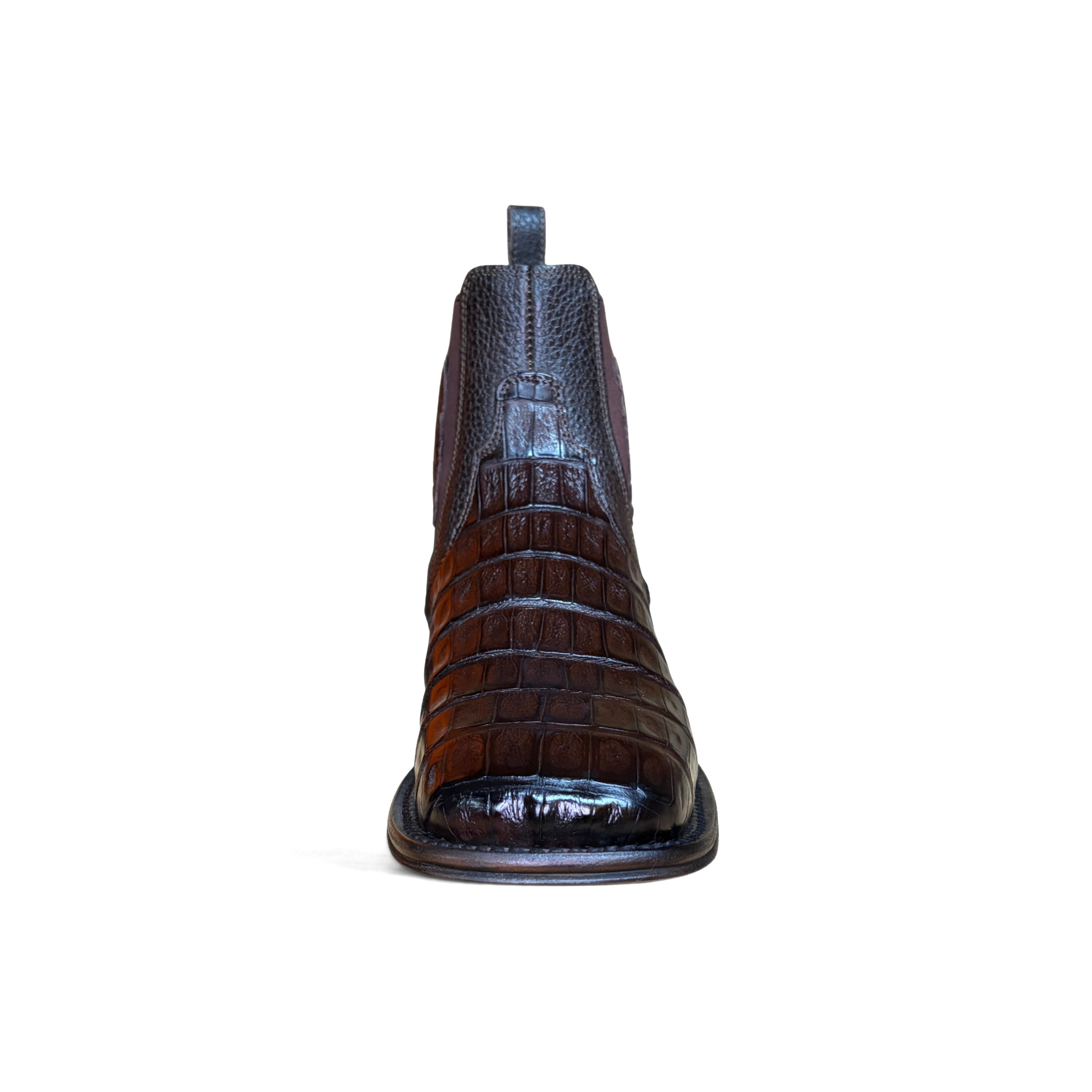 Vestigium Caiman Belly Café Boot front view showing toe shape
