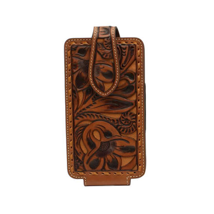 Leather Floral Embossed Pierced Laced Tan Phone Case Holder