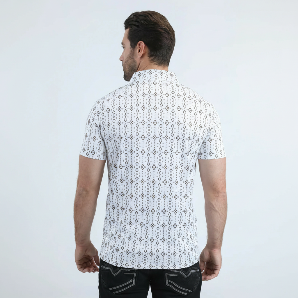 Mens Performance Fabric Modern Fit Stretch Aztec Print White Polo