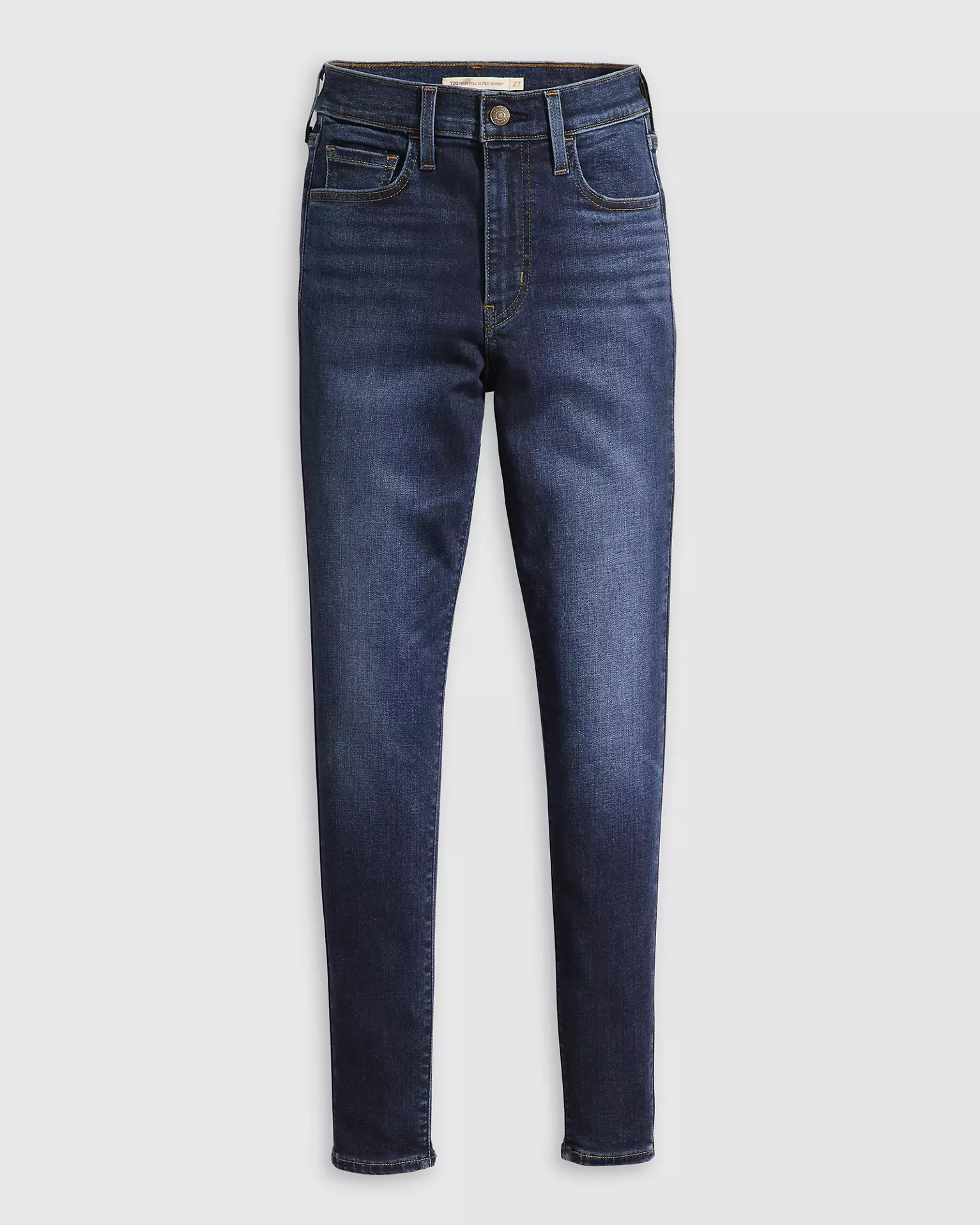 Levi’s 720 High Rise Super Skinny Women’s Jeans front view laid flat in dark blue denim