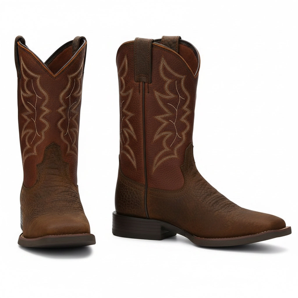 Justin Chet 11 Western Boot pair in brown leather with stitched shaft detail