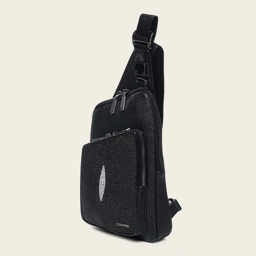 Angled side view of Cuadra Black Stingray Zipper Bag in black leather