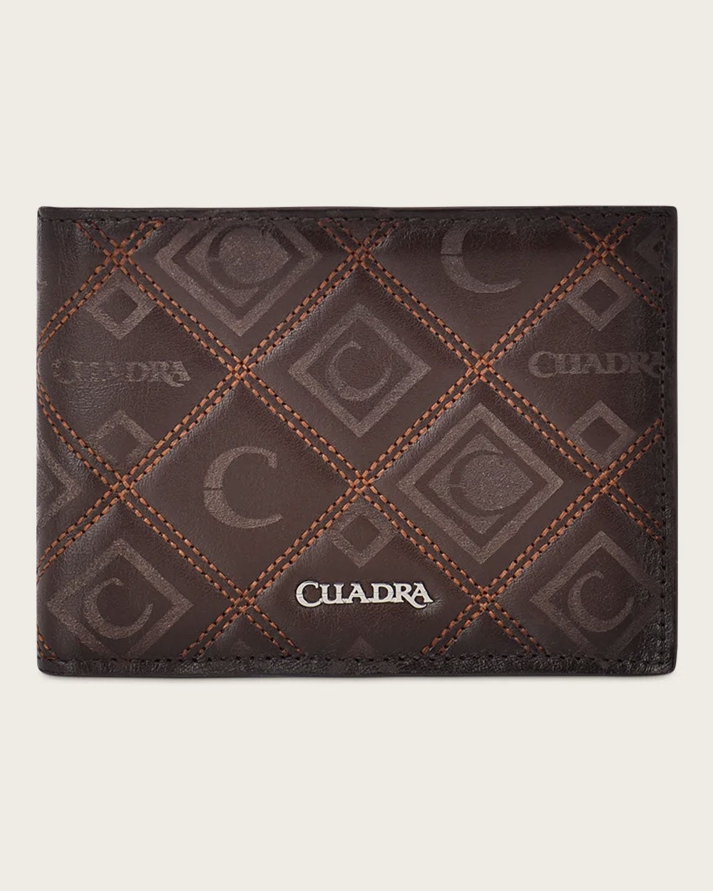 Cuadra Brown Engraved Wallet front view in brown leather with geometric engraved pattern