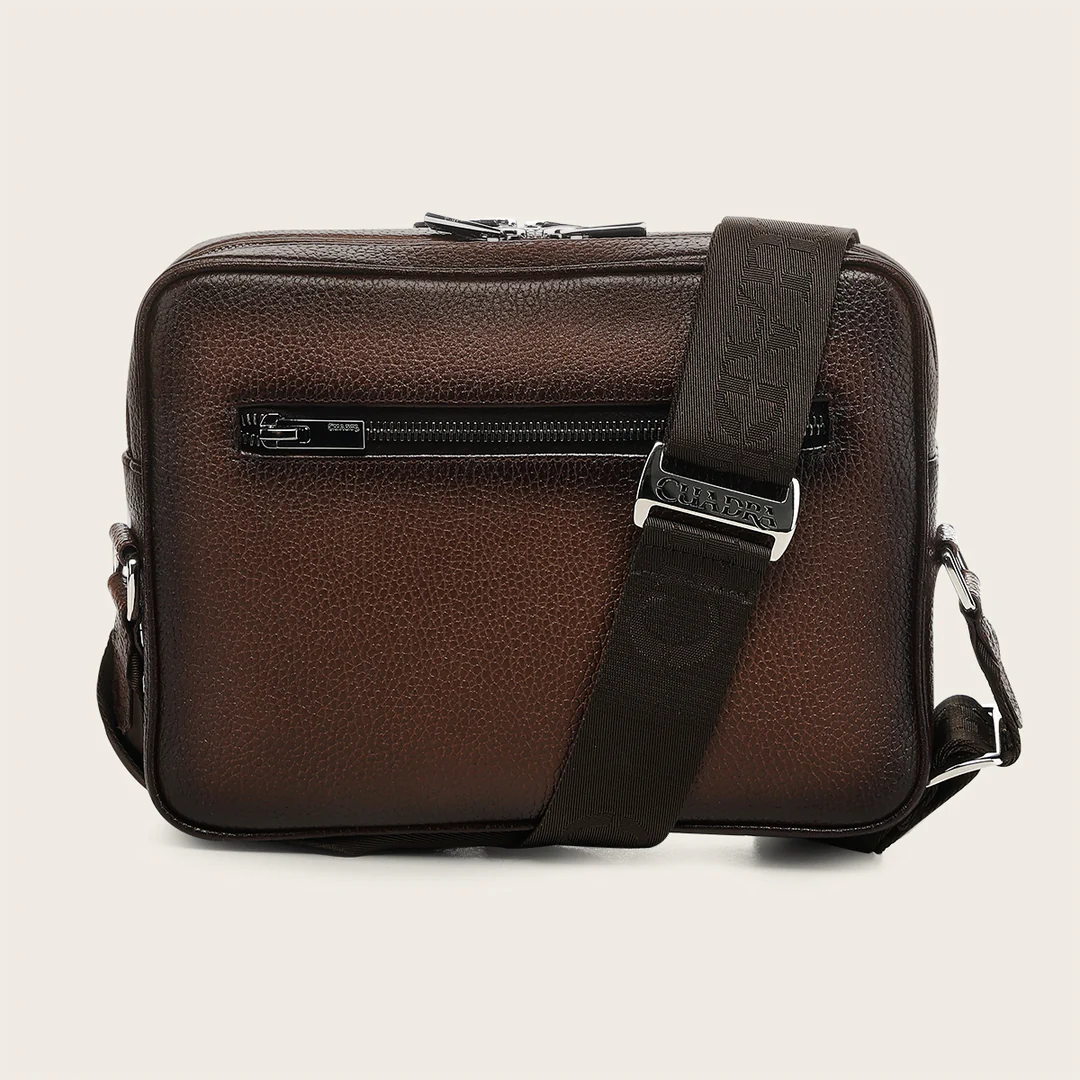 Back view of Cuadra Brown Caiman Zipper Bag with exterior pocket